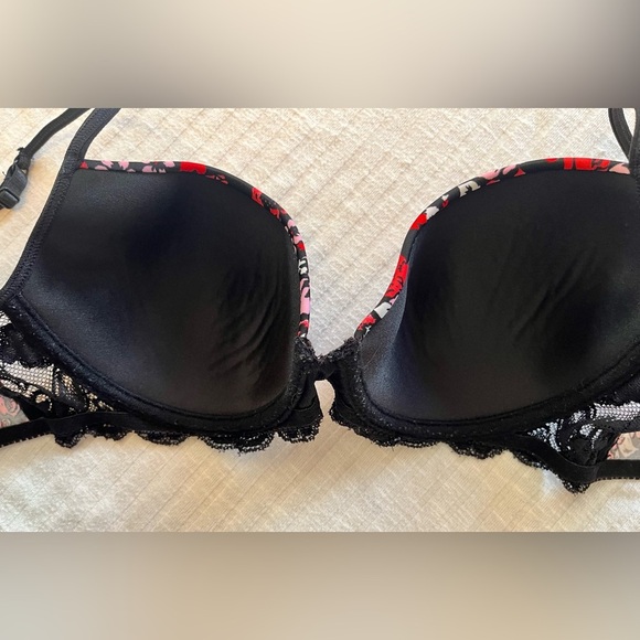 Victoria Secret PINK Bra 36C Black Red Floral Lace Pushup Lined Underwire - Picture 4 of 6